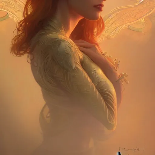 Image similar to woman with golden skin, fog, volumetric lighting, intricate, elegant, highly detailed, digital painting, artstation, concept art, smooth, sharp focus, art nouveau, art by raymond swanland and alphonse mucha