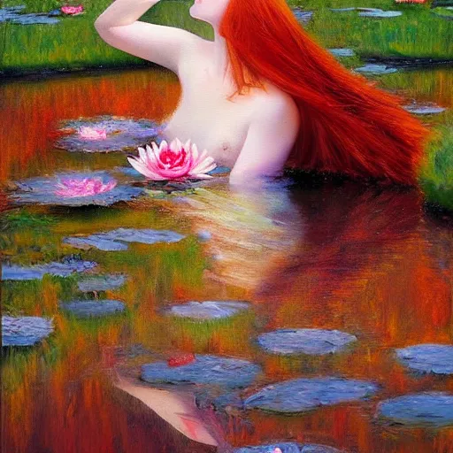 Image similar to oil painted impressionism style, A red-haired girl bathes in a lake where water lilies are floating, High definition, detailed,