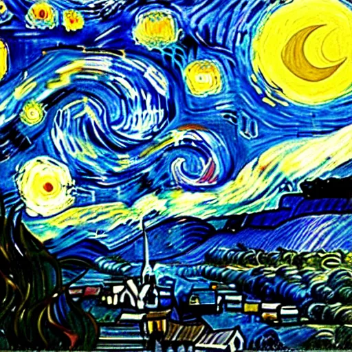 Image similar to van goh a starry night with kittens staring at the moon