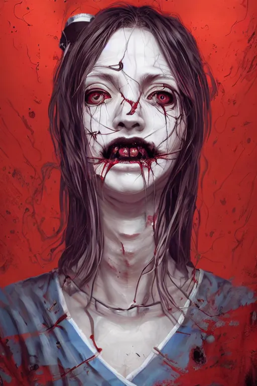 Prompt: cartoon grunge portrait of a creepy horror nurse girl . intricate abstract. intricate artwork. nightmare fuel. terrifying. by Tooth Wu, wlop, dan mumford , trending on artstation, greg rutkowski very coherent symmetrical artwork. cinematic, hyper realism, high detail, octane render, 8k