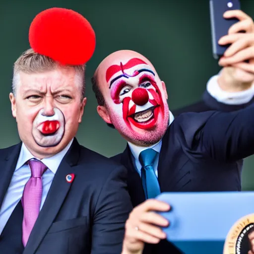 Image similar to a president with clown face taking a selfie in a podium next to an angry first minister