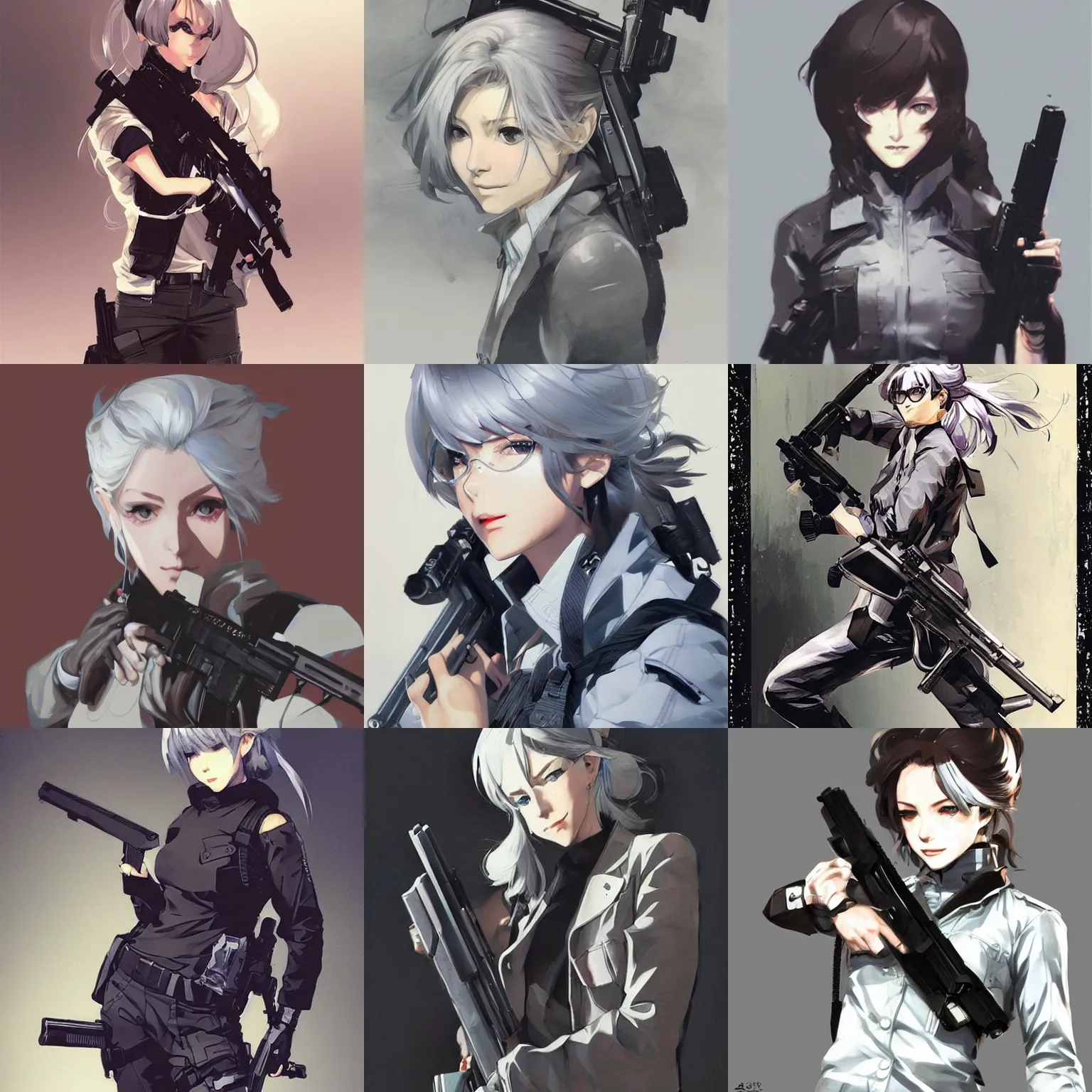 Prompt: girl silver hair, holding a gun, trending on artstation, illustration by Yoji Shinkawa and Krenz Cushart, portrait