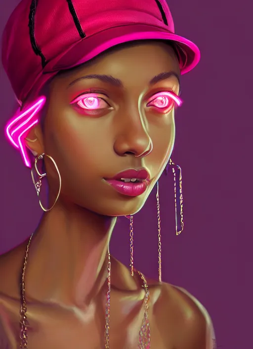 Image similar to portrait of teenage vanessa morgan with bright pink hair, black girl, vanessa morgan, curly pixie cut hair, wearing newsboy cap, newsboy cap, hoop earrings, intricate, elegant, glowing lights, highly detailed, digital painting, artstation, concept art, smooth, sharp focus, illustration, art by wlop, mars ravelo and greg rutkowski