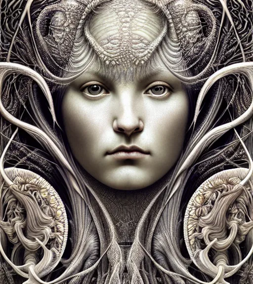 Image similar to detailed realistic beautiful platinum goddess face portrait by jean delville, gustave dore, iris van herpen and marco mazzoni, art forms of nature by ernst haeckel, art nouveau, symbolist, visionary, gothic, neo - gothic, pre - raphaelite, fractal lace, intricate alien botanicals, biodiversity, surreality, hyperdetailed ultrasharp octane render