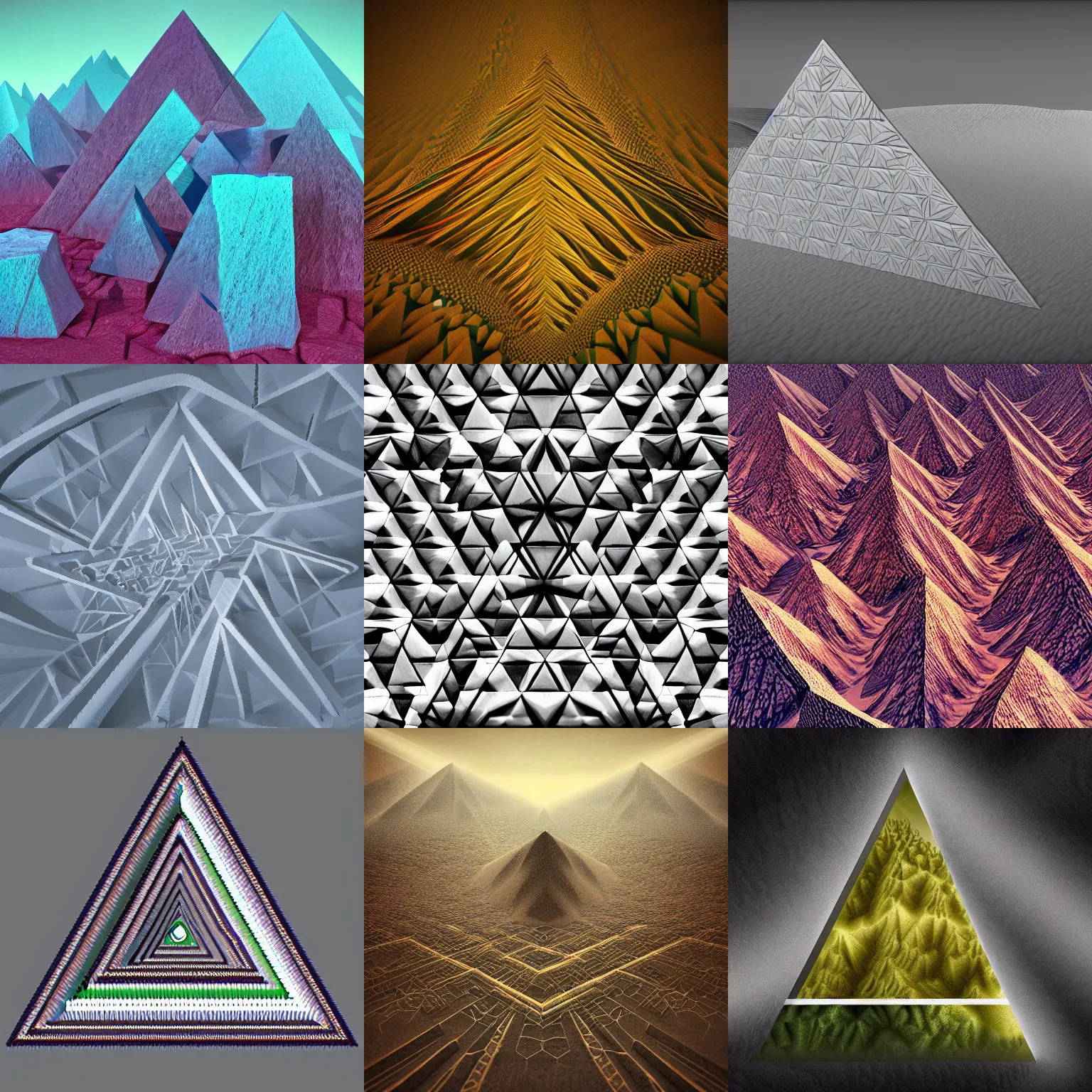 Prompt: Sierpiński triangle, fractal landscape, digital art, rendered by Octane