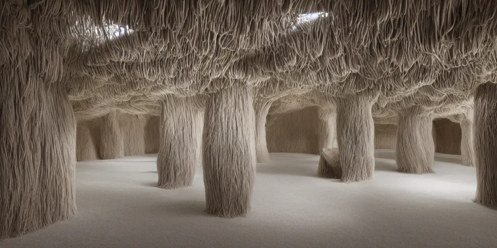 Image similar to futuristic interior organic design by Ernesto Neto composed all covered with wool and hair, the chairs, tables, and walls all seem to meld together into a color-shifting with covered with wool and hair, hair ground surface, maximum natural texture, soft smooth surfaces, beige light colors monochromatic, warm illumination, cinematic alien futuristic atmosphere, in low fog, magical digital, 8k resolution, golden ratio, best color graded, vray beautiful, ambient occlusion, subsurface scatter, radiosity, hyper-realistic render