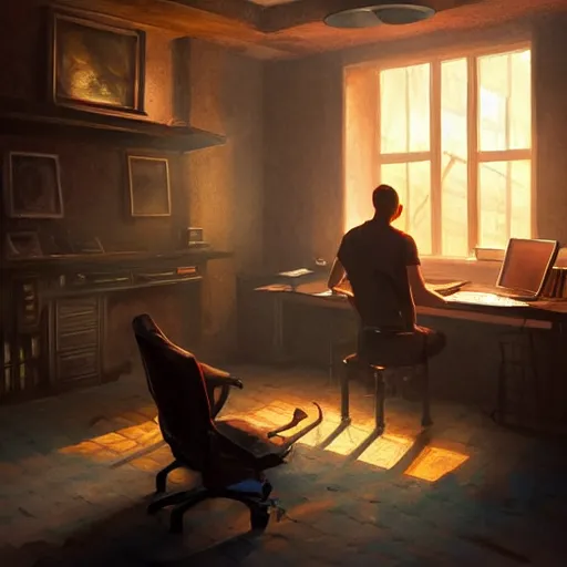 Prompt: a man and a room in a scorching hot room with two computers, inferno, d & d, fantasy digital painting, trending on artstation, concept art, sharp focus, illustration, global illumination, ray tracing, realistic shaded, art by artgerm and greg rutkowski and fuji choko and viktoria gavrilenko and hoang lap