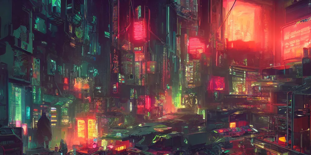 Image similar to cyberpunk atmosphere, very strange, with neons, digital painting, 8 k, by alleyway wookun, eddie mendoza, and john kearney