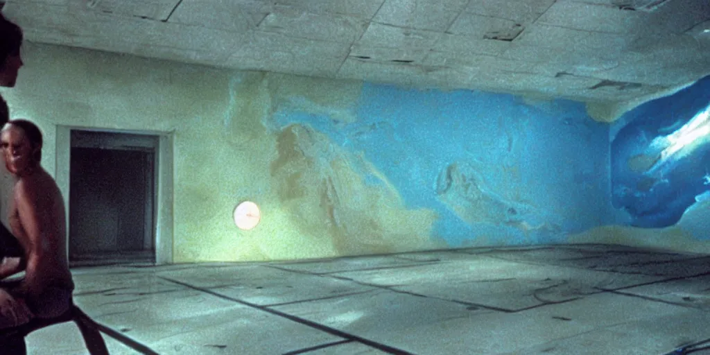 Image similar to color film still, a large wall with the sea painted on it. floor, ceiling with fluorescent lights ; alien 2 ( 1 9 8 6 )