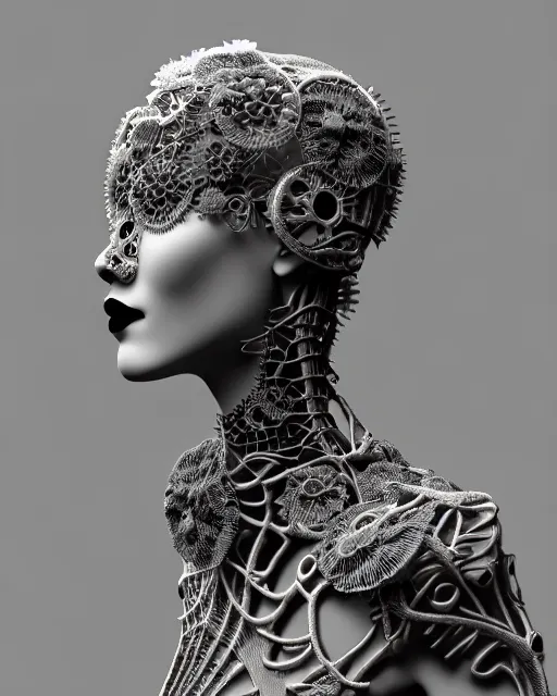 Image similar to monochrome 3 d model, profile portrait 1 8 9 0 picture, silver lace floral steampunk biomechanical beautiful young female cyborg with techno eye, volumetric light, leaves foliage and stems, hibiscus flowers, sinuous fine roots, fine foliage lace, alexander mcqueen, rim light, big gothic fashion pearl embroidered collar, octane render, hg giger, 8 k