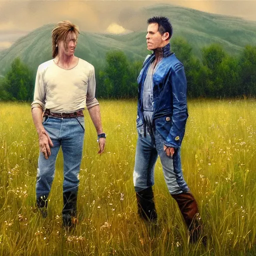 Prompt: david bowie and trent reznor are in a beautiful meadow in love and happy. gay male couple. from the television show merlin ( 2 0 0 8 ). ; high - detailed oil painting by igor sychev and mark keathley trending on artstation, masterpiece, 4 k