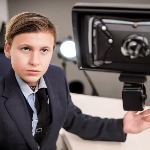 Image similar to high quality portait of a small self righteous male journalist in a low budget tv studio, awkward angle, wide angle,