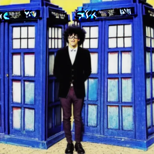 Image similar to Richard Ayoade dressed as Doctor Who, standing next to the TARDIS