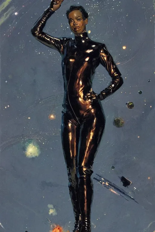 Prompt: pulp scifi fantasy illustration full body portrait of elegant black woman wearing latex spacesuit, by norman rockwell, jack kirby, bergey, craig mullins, ruan jia, jeremy mann, tom lovell, 5 0 s, astounding stories, fantasy