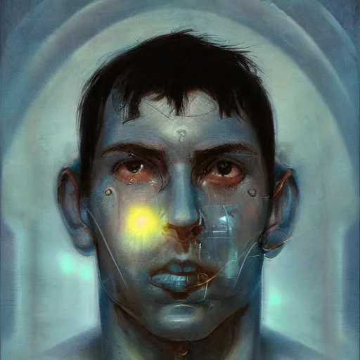 Image similar to surreal portrait of a man by Greg Rutkowski, symmetrical face, he is about 30 years old, short black hair with bangs, his features are a mix between French, Turkish and Russian, transformed into a kind of biomechanical transhuman god, blue glowing eyes, uncany but fascinating, expression of epiphany and determination, cosmic void background, frightening, fascinating, highly detailed portrait, digital painting, book cover, artstation, concept art, smooth, sharp foccus ilustration, Artstation HQ