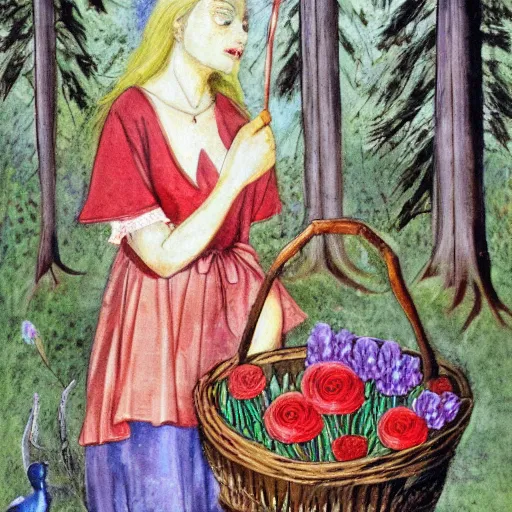 Image similar to In the mixed mediart Vasilisa can be seen standing in the forest, surrounded by animals. She is holding a basket of flowers in one hand and a spindle in the other. Her face is turned towards the viewer, with a gentle expression. In the background, the forest is depicted as a dark and mysterious place. scarlet by Bruno Munari monumental