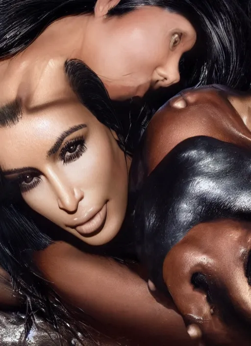 Prompt: Kim kardashian being eaten by predator, photorealism, uhd, realistic, wide shot, full shot,