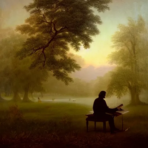 Prompt: an impressively euphoric 1 8 0 0 s romanticism - inspired photograph depicting a man playing a piano underneath a foggy tree line at dawn inspired by liberty leading the people