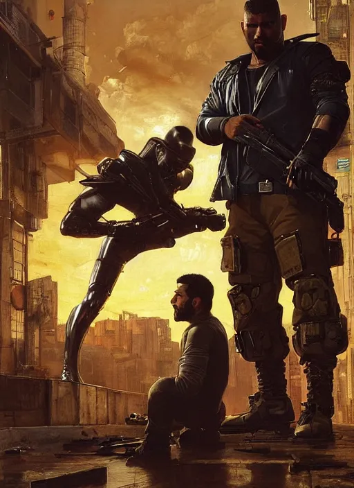 Prompt: big mike fighting javier. cyberpunk meathead wearing a military vest and combat gear. Meathead trying to intimidate cyberpunk hacker. (Cyberpunk 2077, bladerunner 2049). Iranian orientalist portrait by john william waterhouse and Edwin Longsden Long and Theodore Ralli and Nasreddine Dinet, oil on canvas. Cinematic, hyper realism, realistic proportions, dramatic lighting, high detail 4k