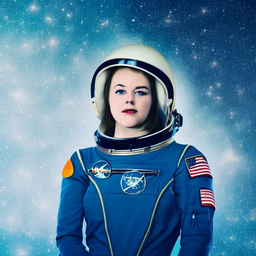 Prompt: portrait photography of a young woman astronaut with helmet, looking at the stars, full upper body, 1 9 3 0's style. retro vintage. rembrandt light. depth of field. lens flare. moody. realistic blue eyes. muted colors