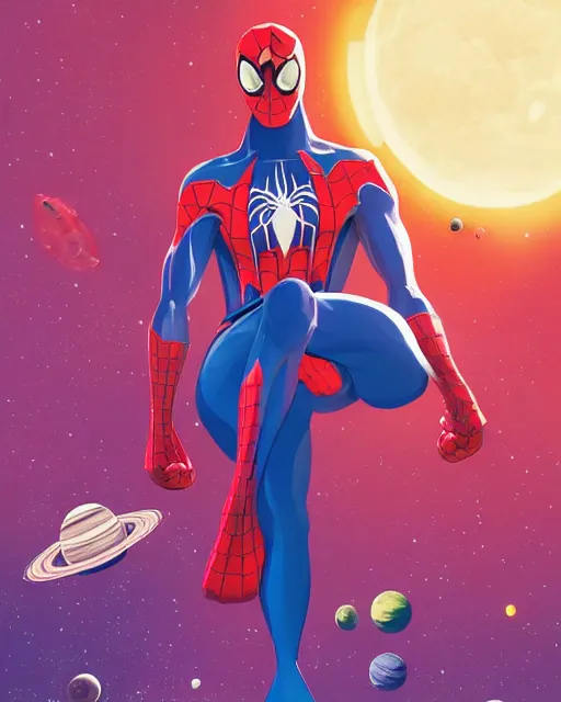 Image similar to wide shoot portrait of Spider-Man relaxed on a crescent moon between the stars and the planets in outer space, cosmonaut post grunge concept art,high detail,4k, trending on artstation by josan gonzalez, wlop and tyler edlin