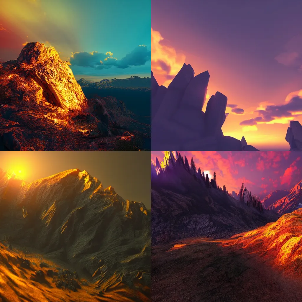 Prompt: dramatic golden neon sunset on a mountainside, octane render, dynamic lighting, hyperrealistic, Artstation