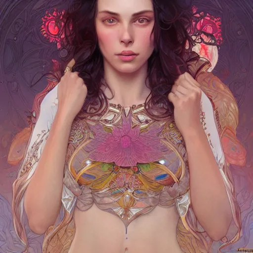 Prompt: lana rhoades psychedelic, intricate, elegant, highly detailed, digital painting, artstation, concept art, smooth, sharp focus, illustration, art by artgerm and greg rutkowski and alphonse mucha