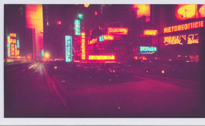 Prompt: analog polaroid of a futuristic city, with many neon lights