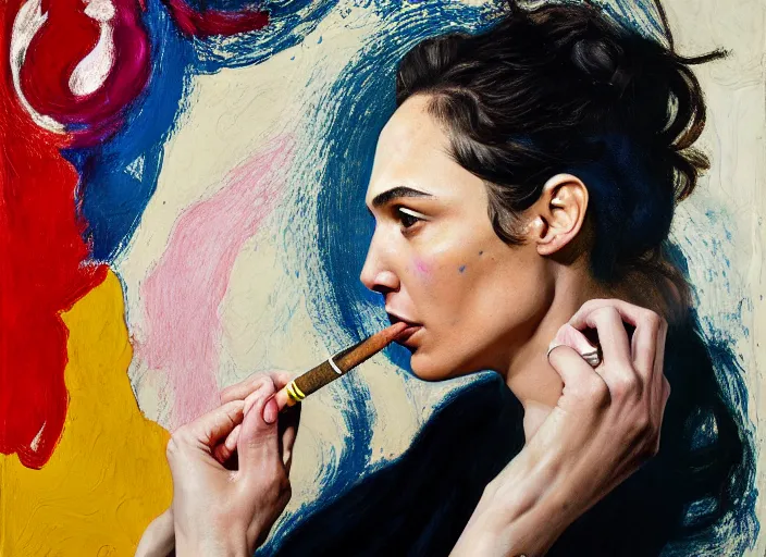 Prompt: portrait of gal gadot smoking a sigaret, by vincent lefevre and hernan bas and pat steir and hilma af klint, psychological, photorealistic, dripping paint, washy brush, rendered in octane, altermodern, masterpiece