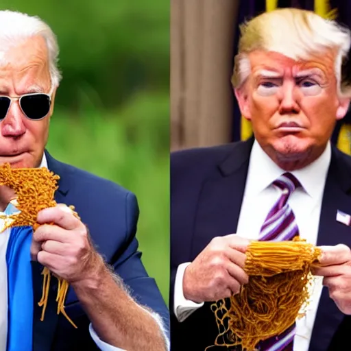 Image similar to trail cam footage of Joe Biden and Donald Trump eating spaghetti with beans