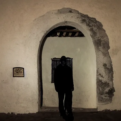 Prompt: a picture of a man standing in front an arch in antigua guatemala at night