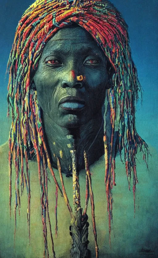 Image similar to portrait of african tribal chief, symmetrical, dramatic lighting, colourful, art by zdzislaw beksinski,