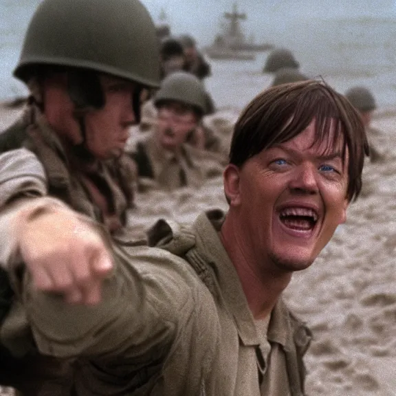 Image similar to photo realistic image of Matthew Lillard as shaggy from scooby doo, storming the beaches of Normandy in 1944, HD, high detail, photorealistic, Hollywood cinematic, Christopher Nolan