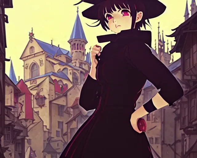 Prompt: ilya kuvshinov, cel shading, moody, key anime visual portrait of a young female witch walking through a busy medieval village, dynamic pose, dynamic perspective, cinematic, dramatic lighting, muted colors, detailed silhouette, textured, anime proportions, alphonse mucha, perfect anime face, kyoani, yoh yoshinari, takashi murakami