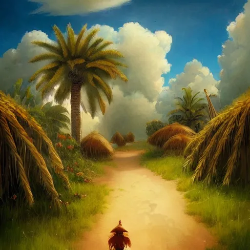 Prompt: a concept painting in the style of esao andrews of a village with beautiful dramatic clouds, dappled lighting, lush landscaping, date palm trees, shrubs and flowers. esao andrews, trending on artstation