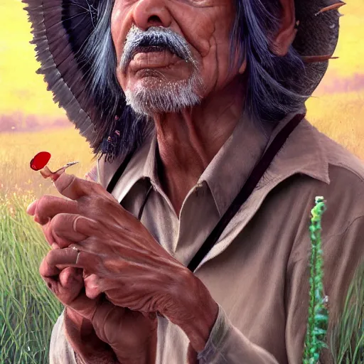 Image similar to n elderly indian don juan is sitting in a field with peyote and smoking a pipe, a raven walks next to him, by miho hirano, ross tran and ilya kuvshinov, realistic, detailed, beautiful fantasy detailed trending on artstation, oil painting, dramatic lighting, eterea, high quality print, fine art with subtle redshift rendering