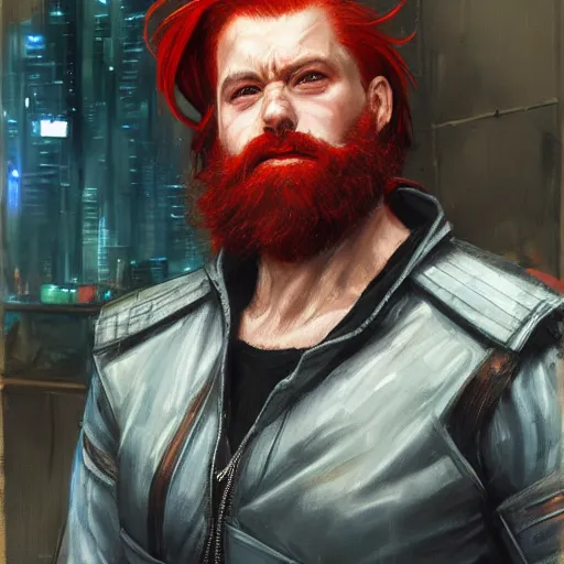 Image similar to a cyberpunk citizen with red hair and a beard, sci fi character portrait by Michael Garmash, Donato Giancola