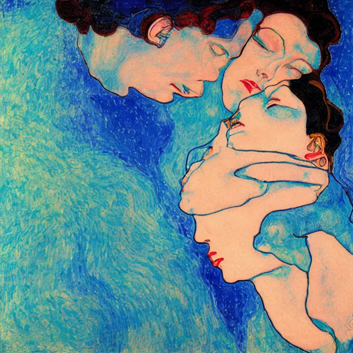 Image similar to close portrait of woman and man kissing. aurora borealis. iridescent, psychedelic lapis - lazuli, turquoise colors. painting by egon schiele, agnes pelton, utamaro, monet