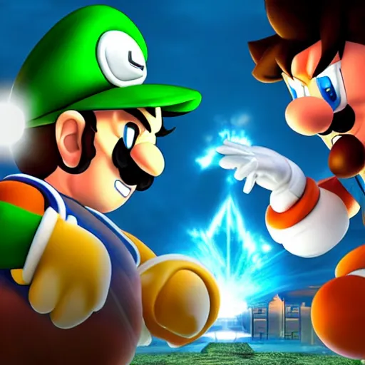 Prompt: luigi and goku battle, epic lighting