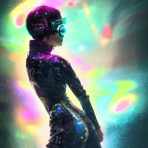 Image similar to skill magic deepdream guardian girl with short black hair cyberpunk futuristic, reflective puffer jacket, black leggings from the back radiating a glowing colorful aura by ismail inceoglu dragan bibin hans thoma, perfect face, fine details, realistic shaded, fine - face, pretty face