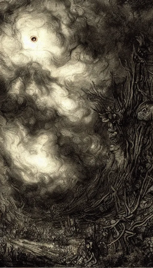 Prompt: a storm vortex made of many demonic eyes and teeth over a forest, by rembrandt