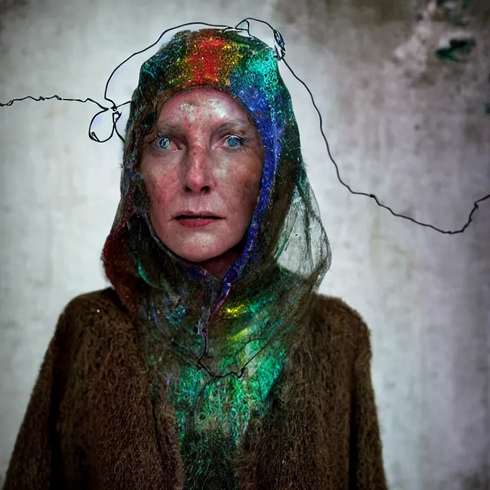 Prompt: closeup portrait of a woman with a hood made of wire and rainbows, standing in a haunted abandoned house, by Annie Leibovitz and Steve McCurry, natural light, detailed face, CANON Eos C300, ƒ1.8, 35mm, 8K, medium-format print