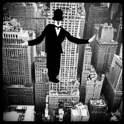 Image similar to “ a winged Charlie Chaplin flying over new york city”