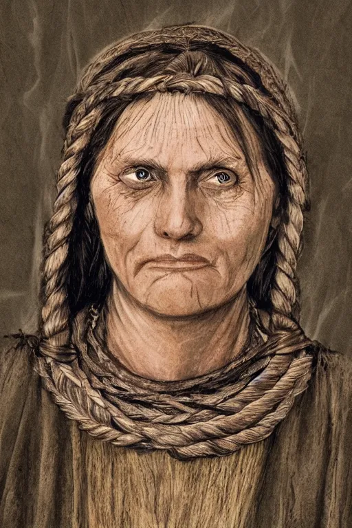Prompt: middle aged, anxious, village woman in medieval clothing, with braid, highly detailed, trending on artstation
