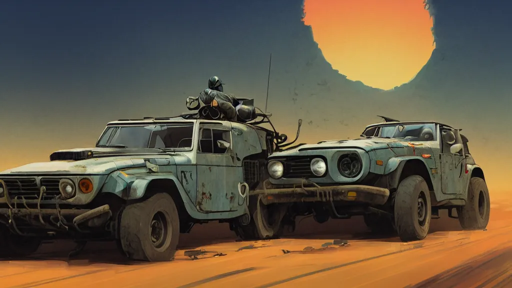 Image similar to digital illustration of mad max's fj 4 0 pursuit special, the last v 8 interceptor driving down a deserted cyberpunk highway in the middle of the day by studio ghibli, anime style year 2 0 9 3, by makoto shinkai, ilya kuvshinov, lois van baarle, rossdraws, basquiat