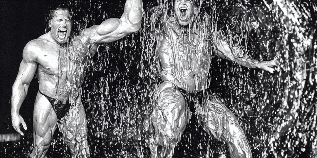 Image similar to 1 9 9 0's wwe publicity photo, a giant muscular man covered in wet reflective slime crawling out of a giant slimy wet cocoon, screaming in agony, inside a secret occult dark evil lab, ultra - detailed, photorealistic