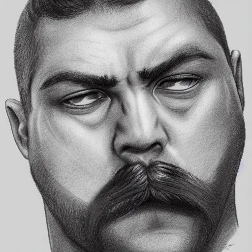 Image similar to face portrait a big beefy man with a large face, thick dark hair, a bushy black moustache, with hardly any neck and mean little eyes, highly detailed, digital art, sharp focus, trending on art station, charcoal drawing