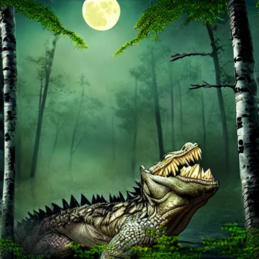 Image similar to Chimera with crocodile body and wolf head in a birch tree swamp howling at a yellowish full moon, photorealistic photoshop artwork