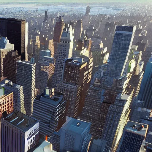 Image similar to A person standing on top of a rooftop with New York City below, 3D, Unreal Engine