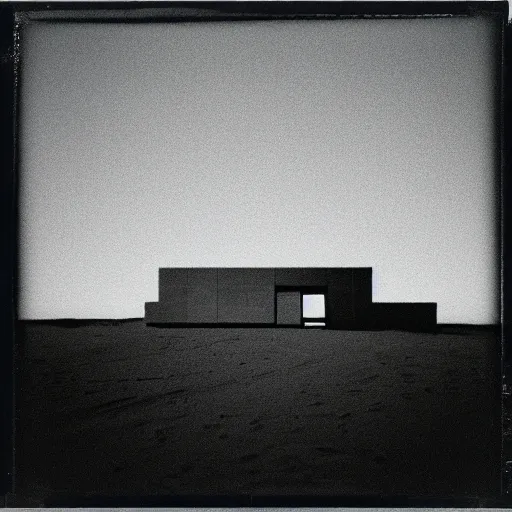 Image similar to concrete structure in a desert at night, neon light, minimalistic architecture, dark, surreal, open space, james turrel, old polaroid, expired film,